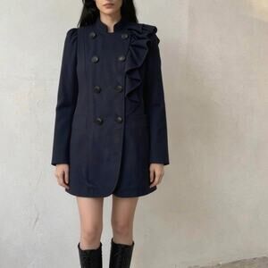 Indie Sleaze Vintage Navy Ruffle Pea Coat Victorian Soft Goth